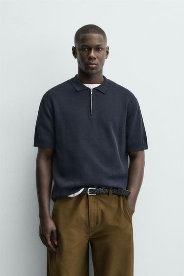 Zara ZIP KNIT POLO SHIRT - Navy blue