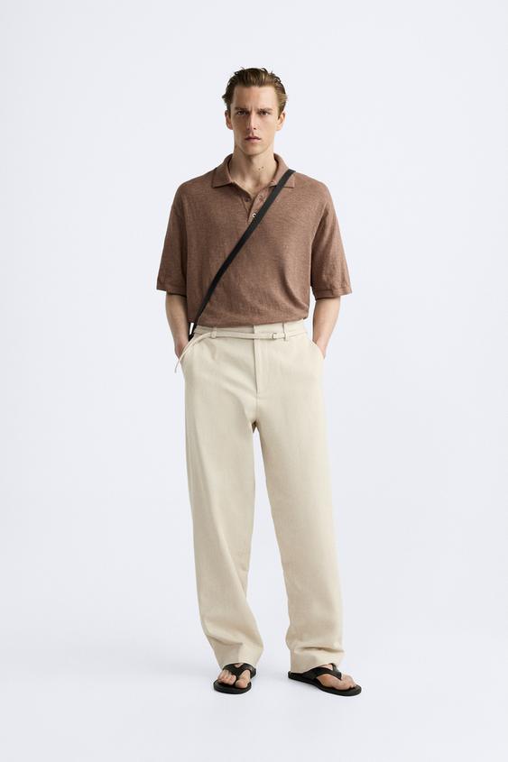 COTTON - LINEN BLEND KNIT POLO - Brown | ZARA Canada