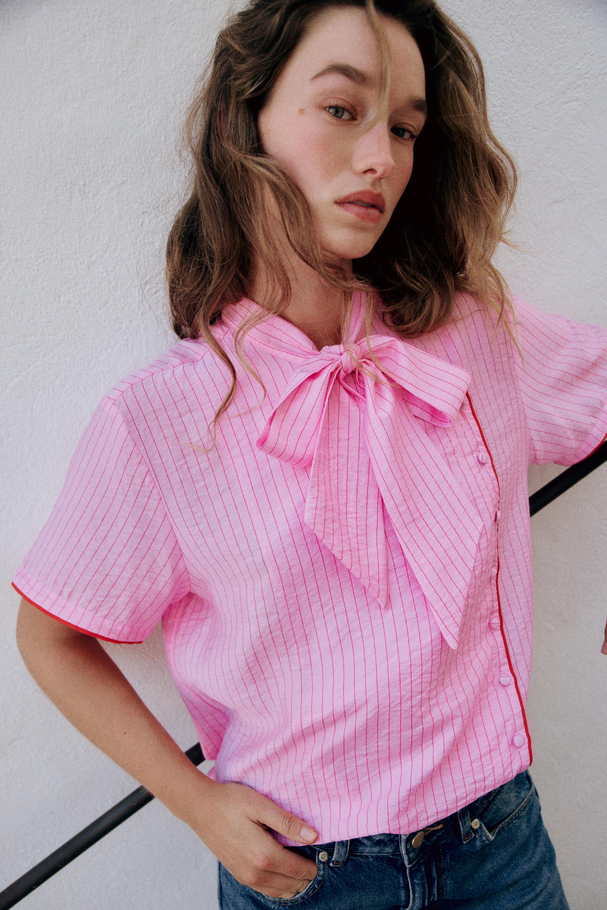 Женские рубашки Zara STRIPED TIE TOP — фото 3