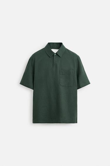 100% LINEN POLO SHIRT - Dark bottle green by Zara