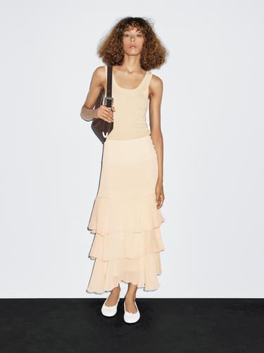 Zara Long ruffled skirt with sash - Ecru