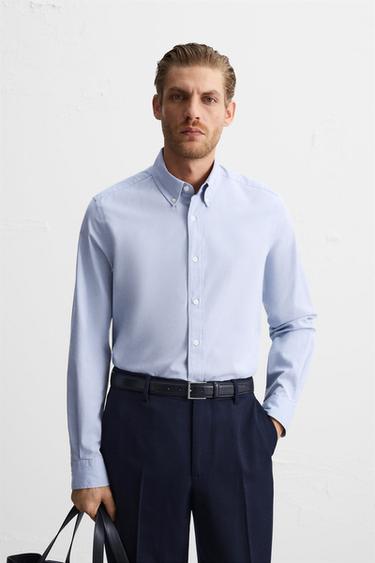 STRIPED TEXTURED SHIRT - Sky blue by Zara