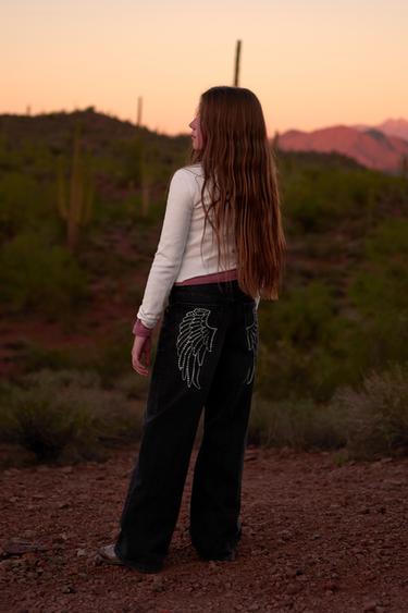 JEANS WIDE LEG ME KRAHË ME SHKËLQIM - E zezë nga Zara