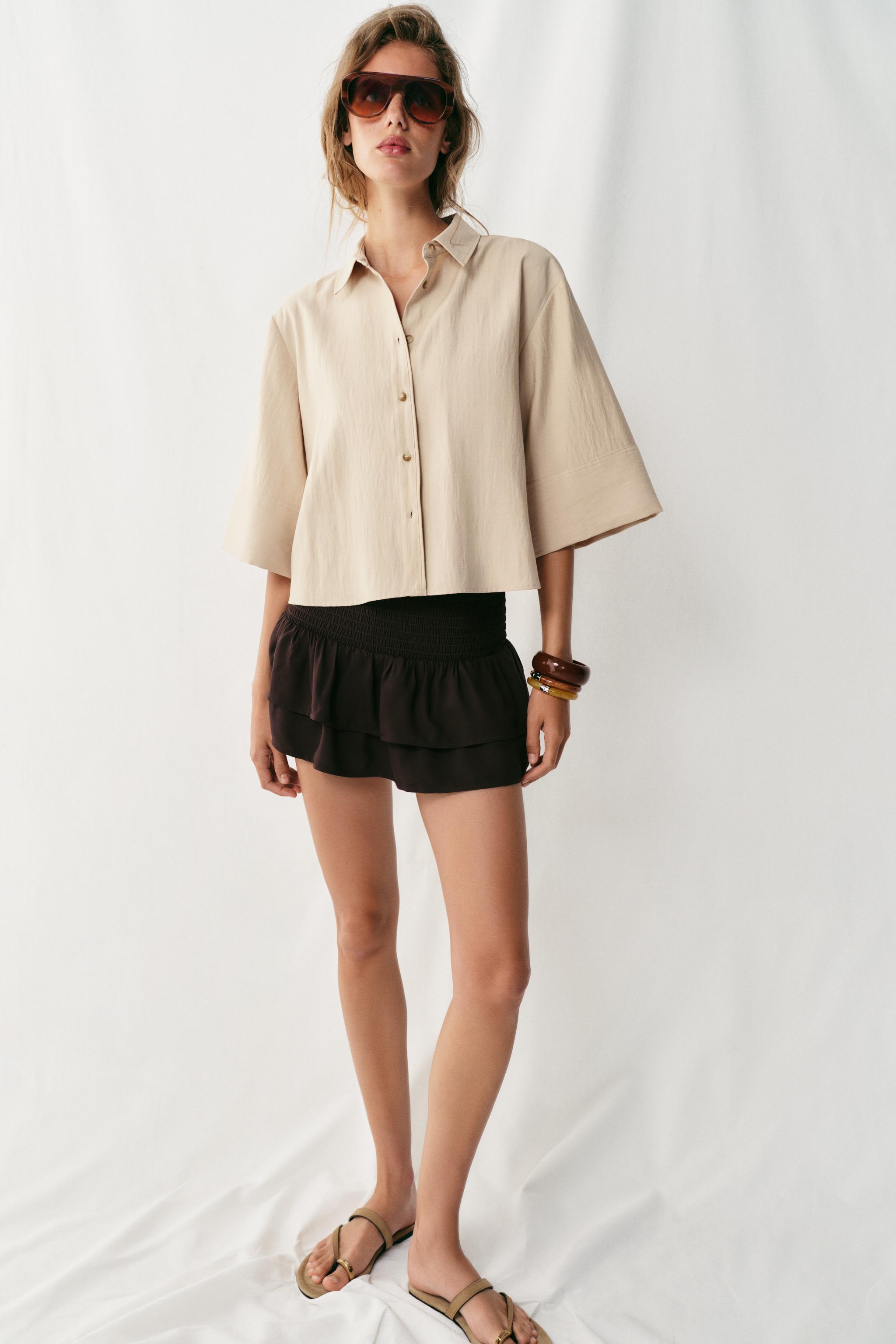 CROPPED WIDE SLEEVE SHIRT — Beige