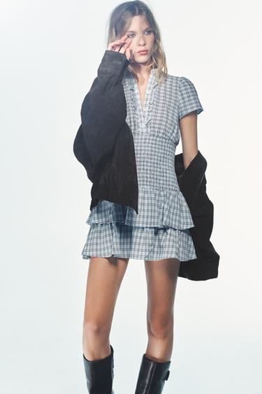 SHORT CHECKED RUFFLED DRESS - Brown-Blue by Zara - Image 1