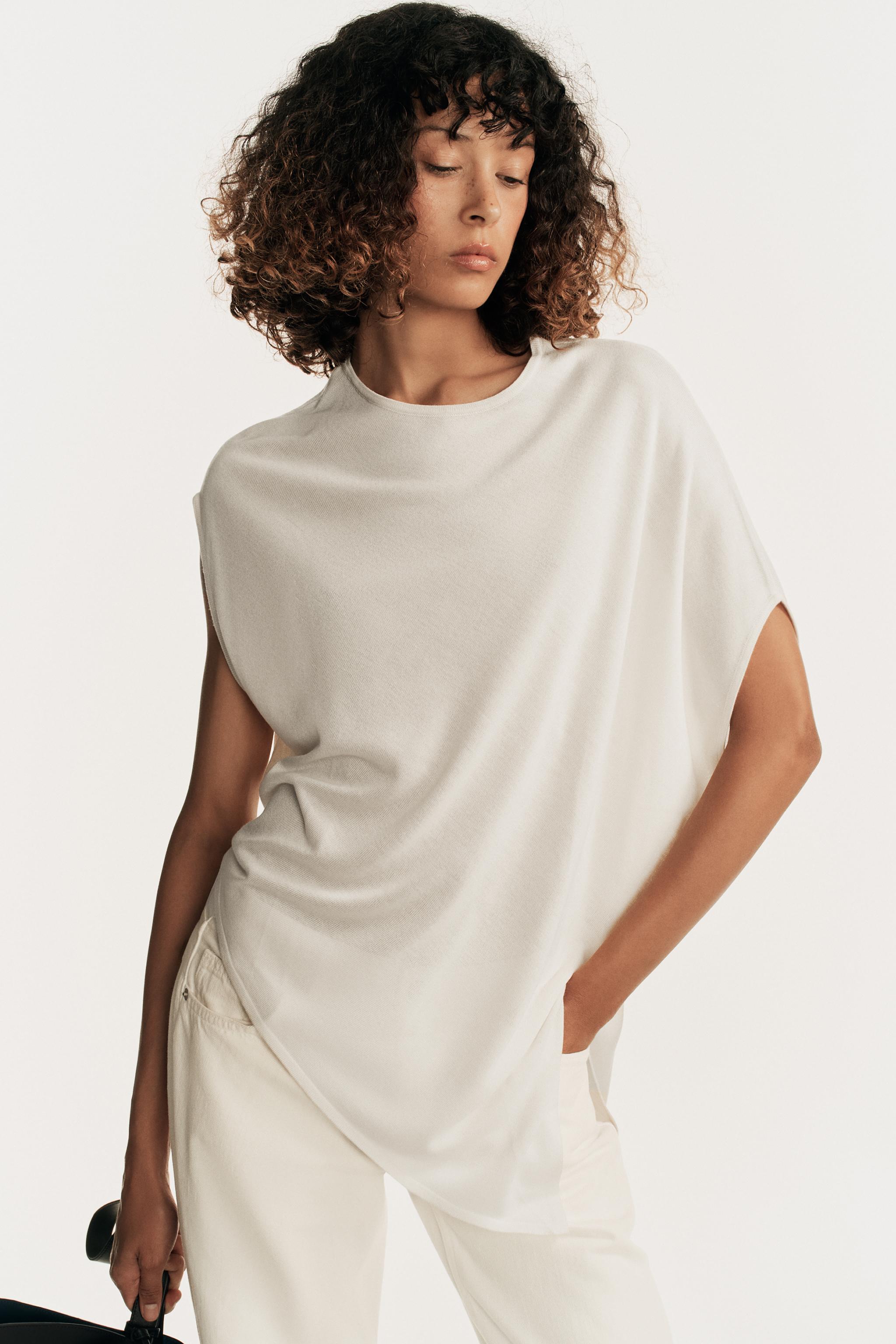 ASYMMETRIC KNIT TOP — ecru-white