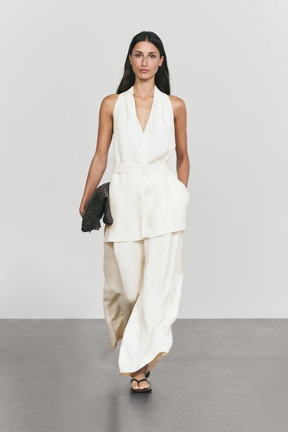 Veste sans manches fluide avec ceinture en lin - Blanc cassé de Zara - Image 0