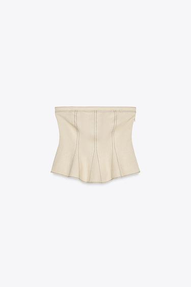 LINEN BLEND TOP WITH CONTRAST STITCHING - Light beige by Zara