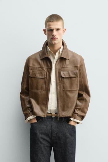 TOPSTITCHED LEATHER JACKET - Taupe by Zara