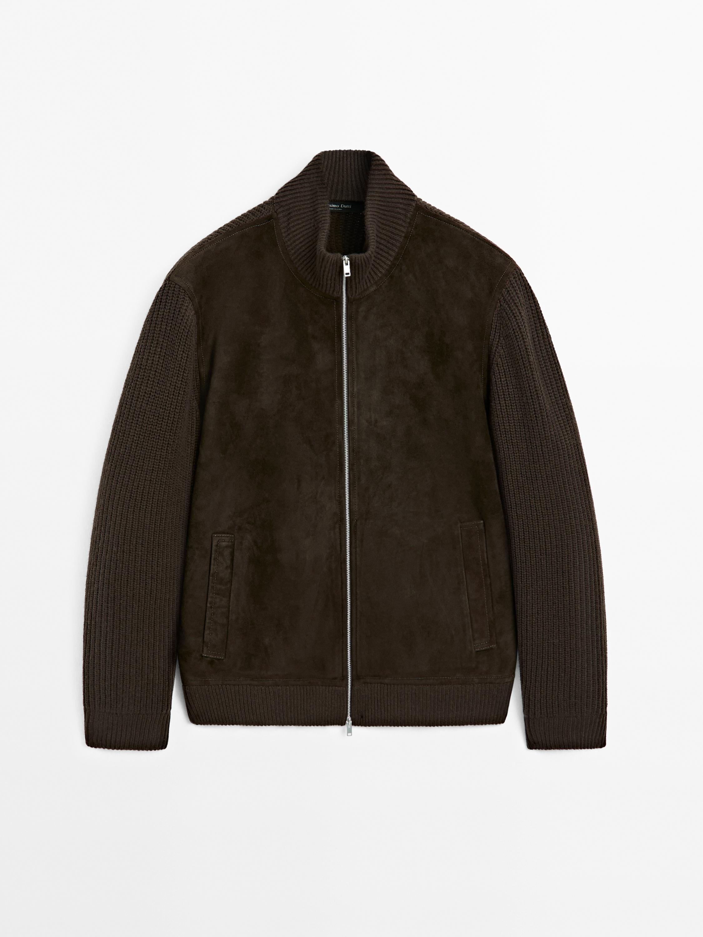 Contrast knit suede leather jacket
