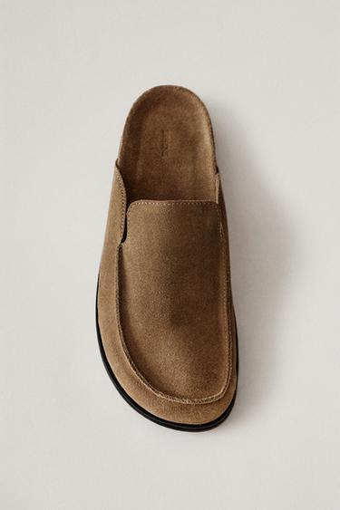 Zara LEATHER MULE CLOG SLIPPERS - Taupe Gray