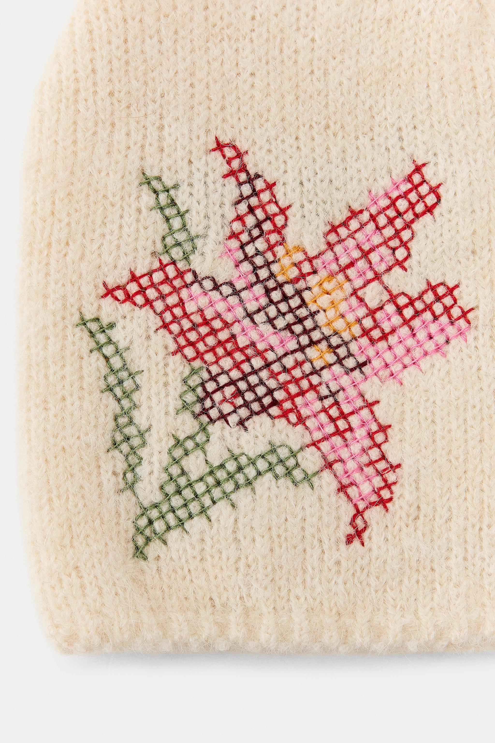 FLORAL EMBROIDERED KNIT BEANIE HAT