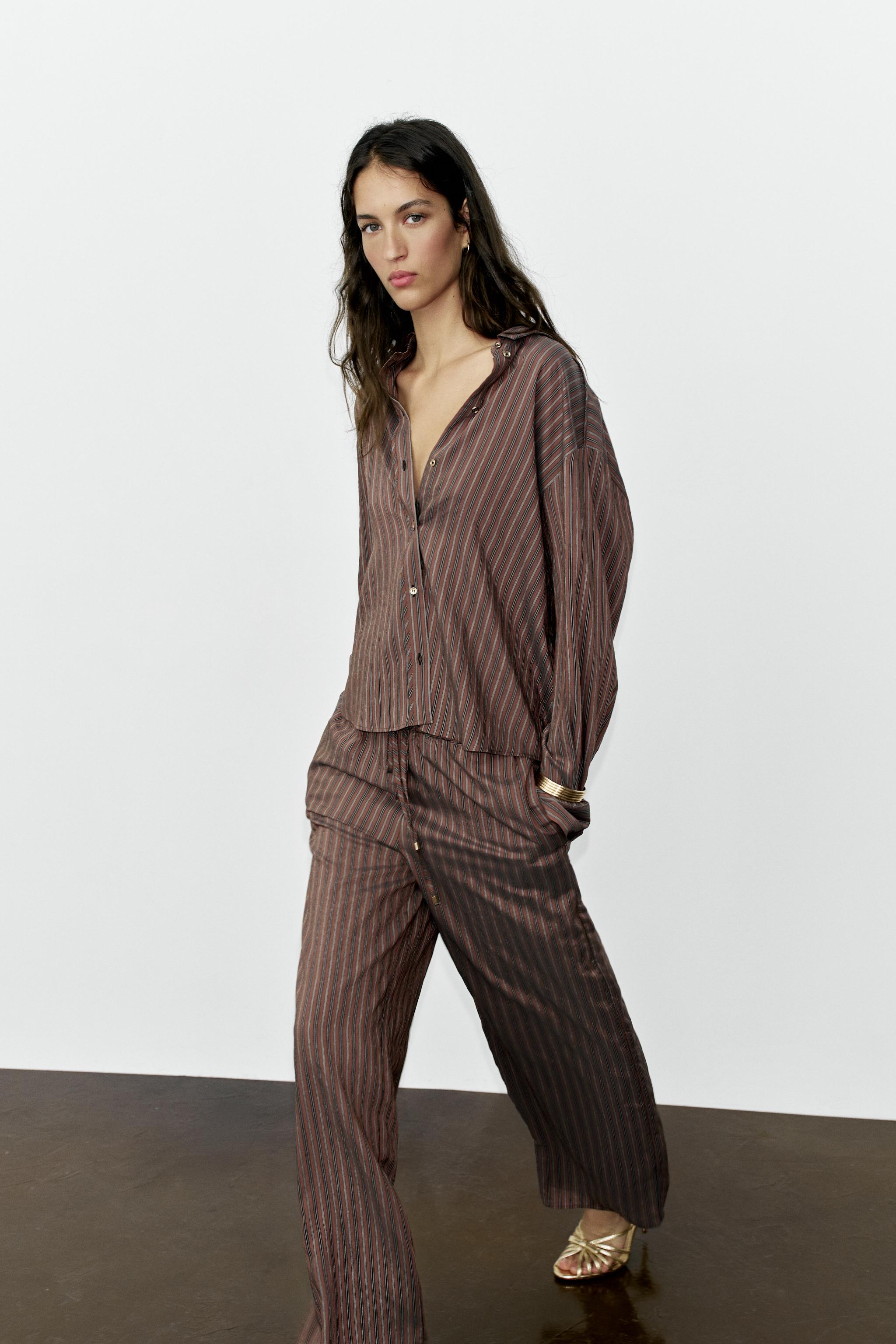 STRIPED WIDE-LEG PANTS — Brown / Ecru