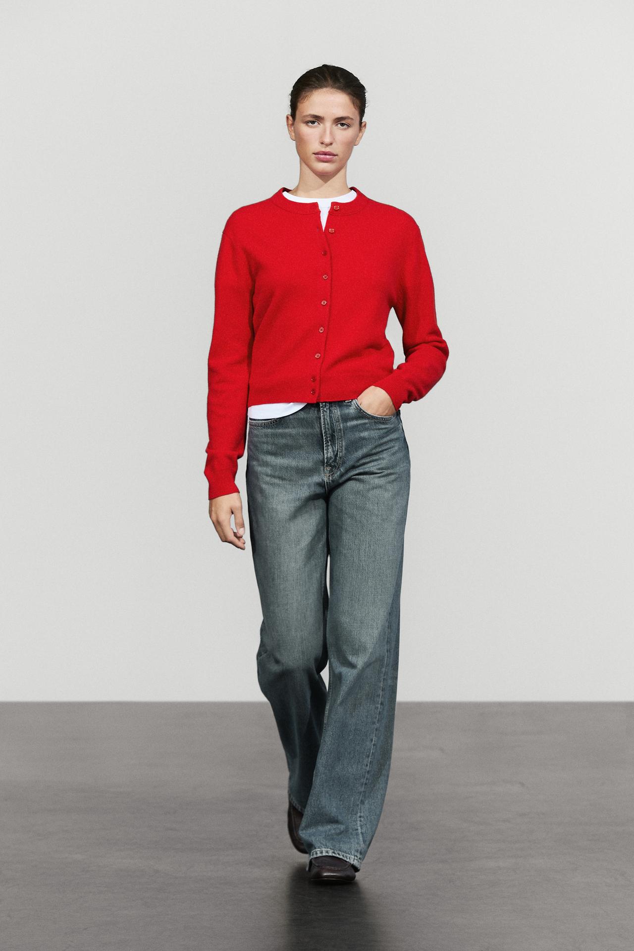 Knit cardigan with button detail — Red