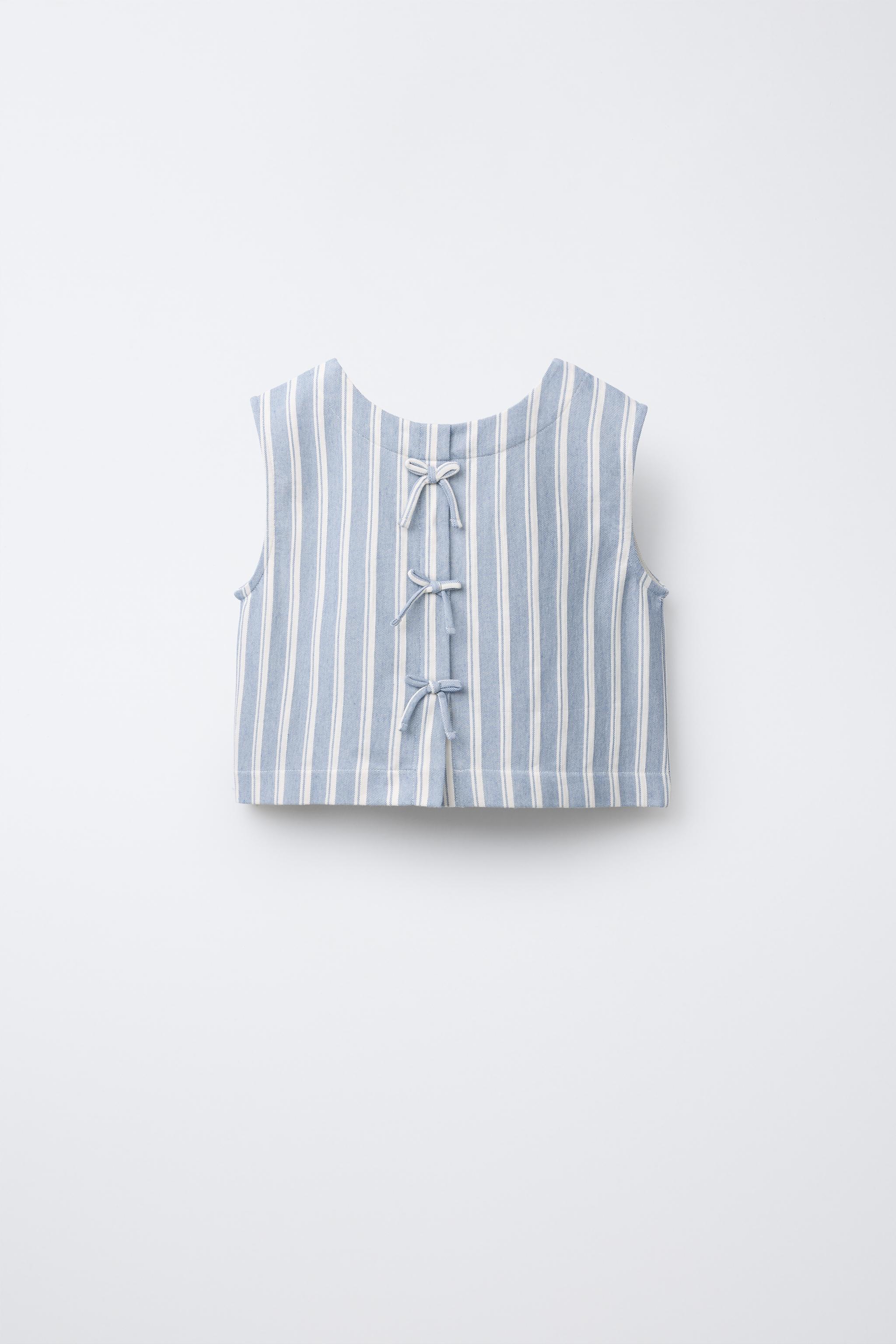 リボン付きストライプTシャツ - ブルー | ZARA Japan / 日本