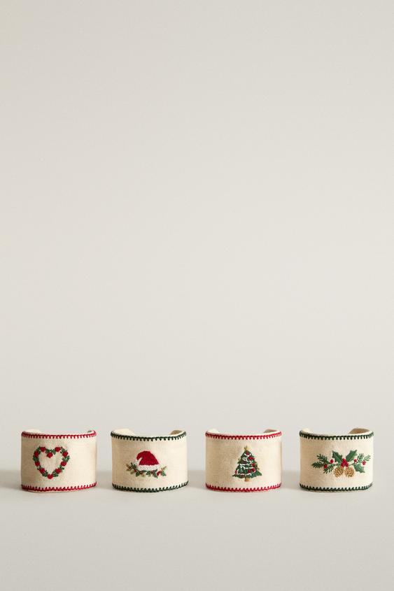 Zara SET OF COTTON CHRISTMAS NAPKIN HOLDERS (SET OF 4) - Ecru - Image 0