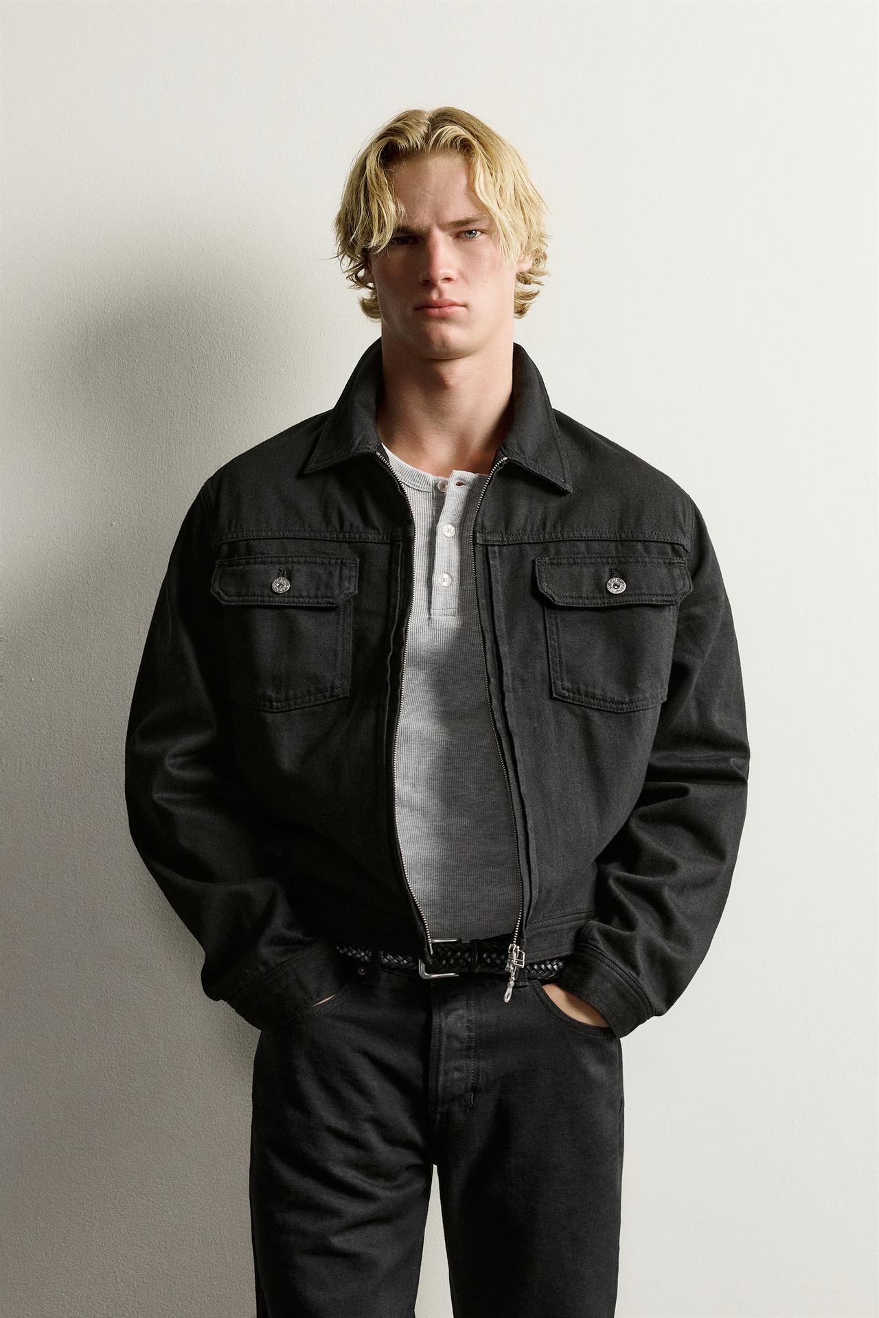 DENIM ZIP JACKET WITH TAB — Black
