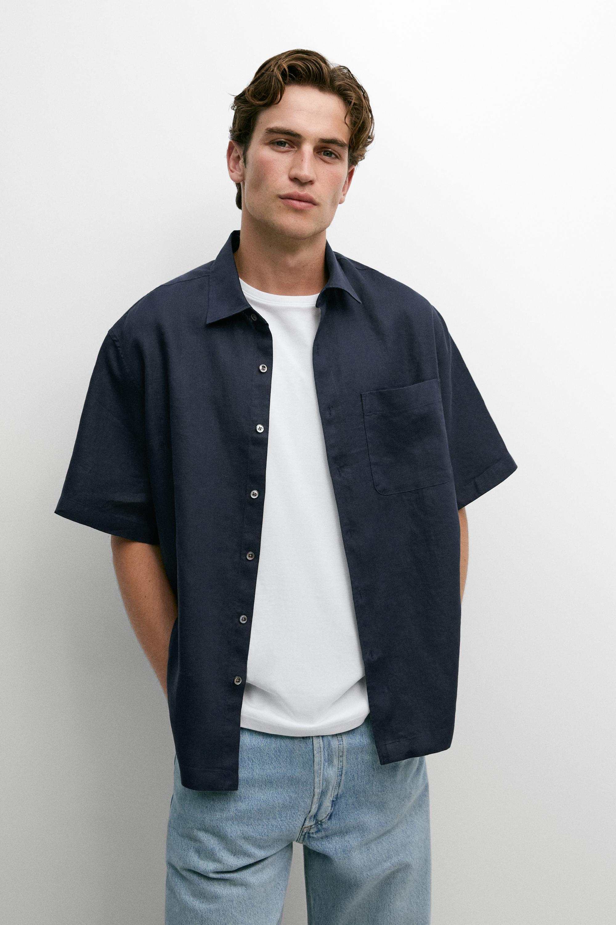 100% linen short sleeve shirt — Navy blue