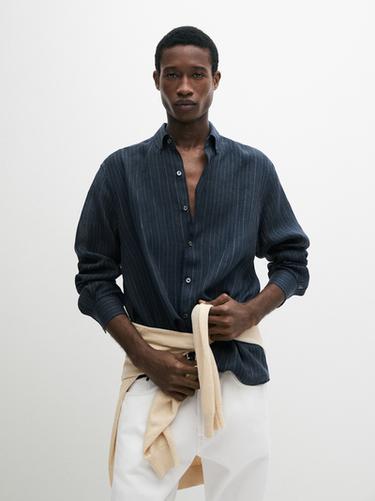 Zara 100% linen regular fit striped shirt - Navy blue