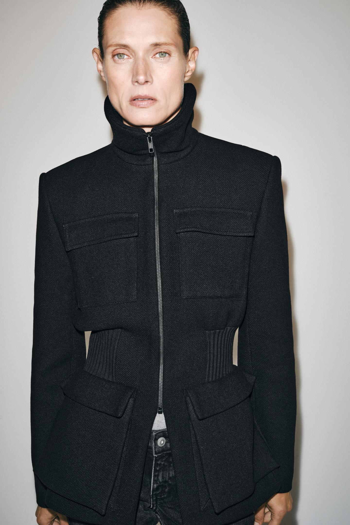 Женская куртка Zara ZW Collection Wool Blend Shoulder Pad, цвет: Чёрный — фото 4