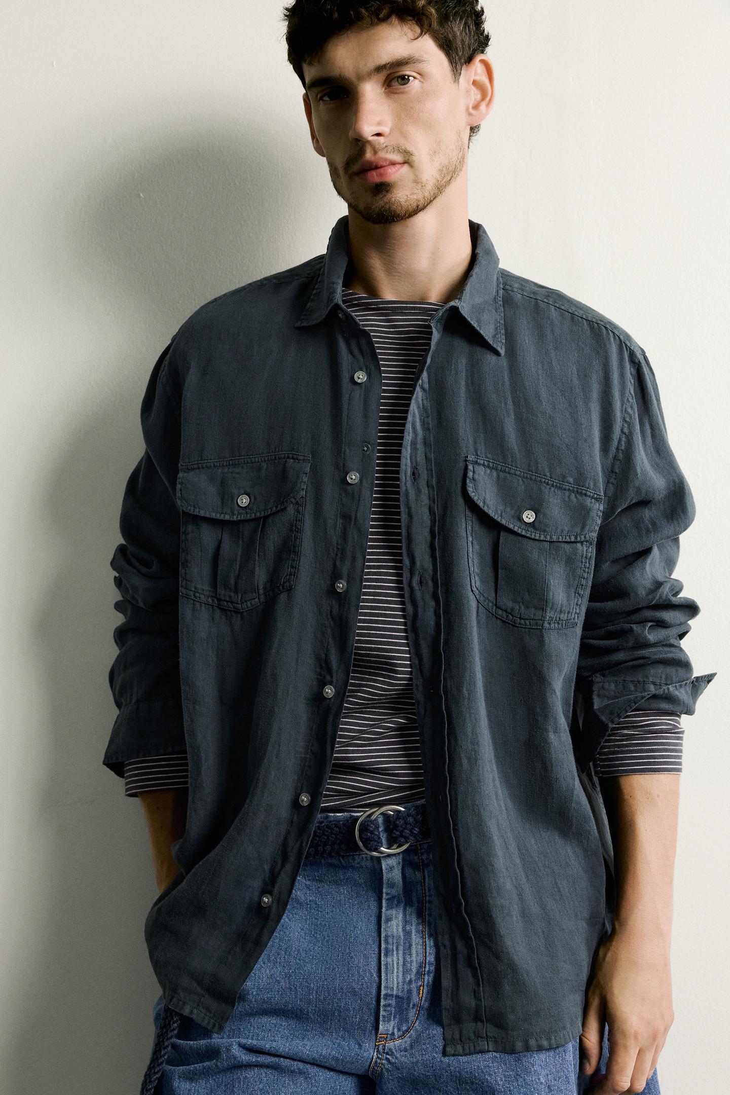 Мужская рубашка Zara 100% Linen Relaxed Fit, цвет: Тёмно-синий — фото 5