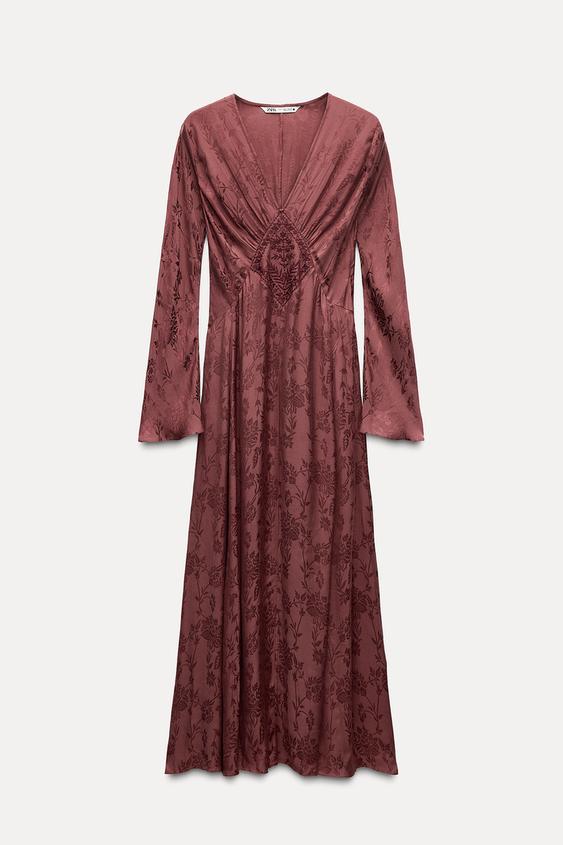 EMBROIDERED JACQUARD DRESS ZW COLLECTION Burgundy ZARA India