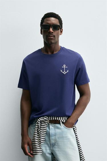 ANCHOR EMBROIDERED T-SHIRT - Navy blue by Zara