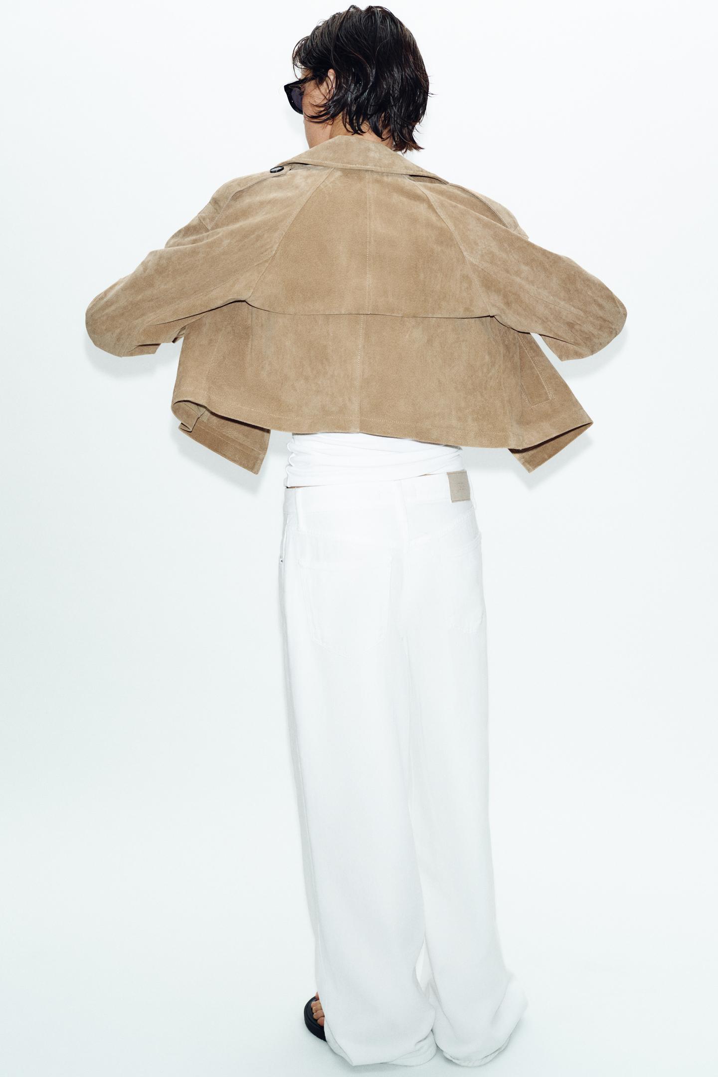 Женское пальто Zara 100% Leather Double-Breasted Short Trench, цвет: Светлый верблюжий — фото 4