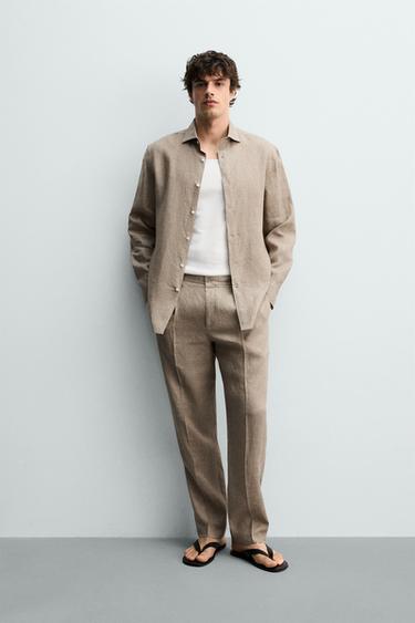 100% LINEN REGULAR FIT TROUSERS - Sand / Marl by Zara