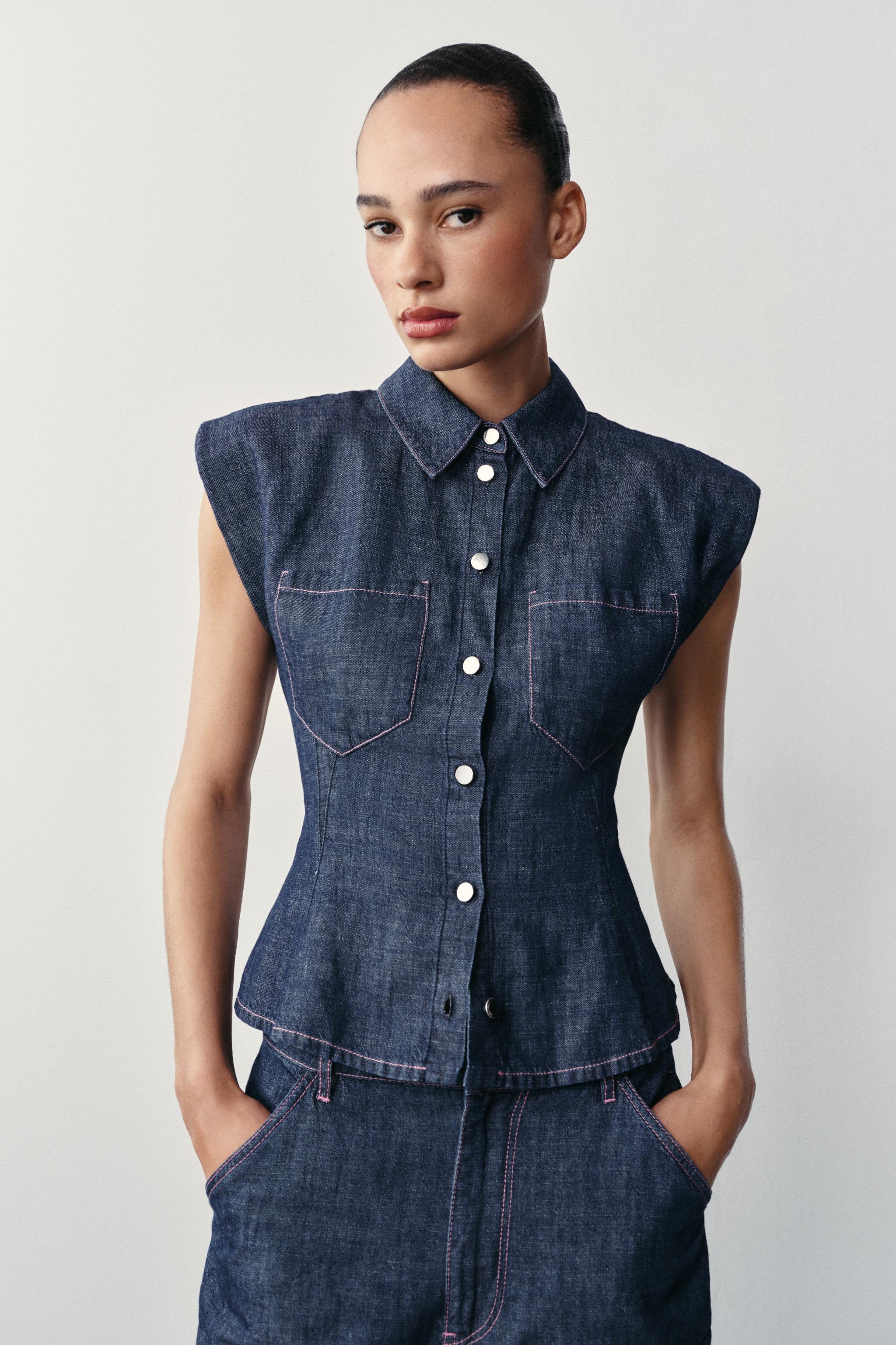 LINEN BLEND PEPLUM SHIRT WITH SHOULDER PADS — Indigo