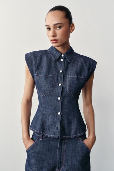 РУБАШКА С БАСКОЙ, ПОДПЛЕЧНИКАМИ ИЗ ЛЬНА — ИНДИГО от Zara