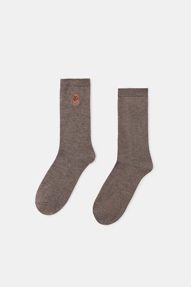 DOG EMBROIDERY SOCKS - Brown / Taupe by Zara