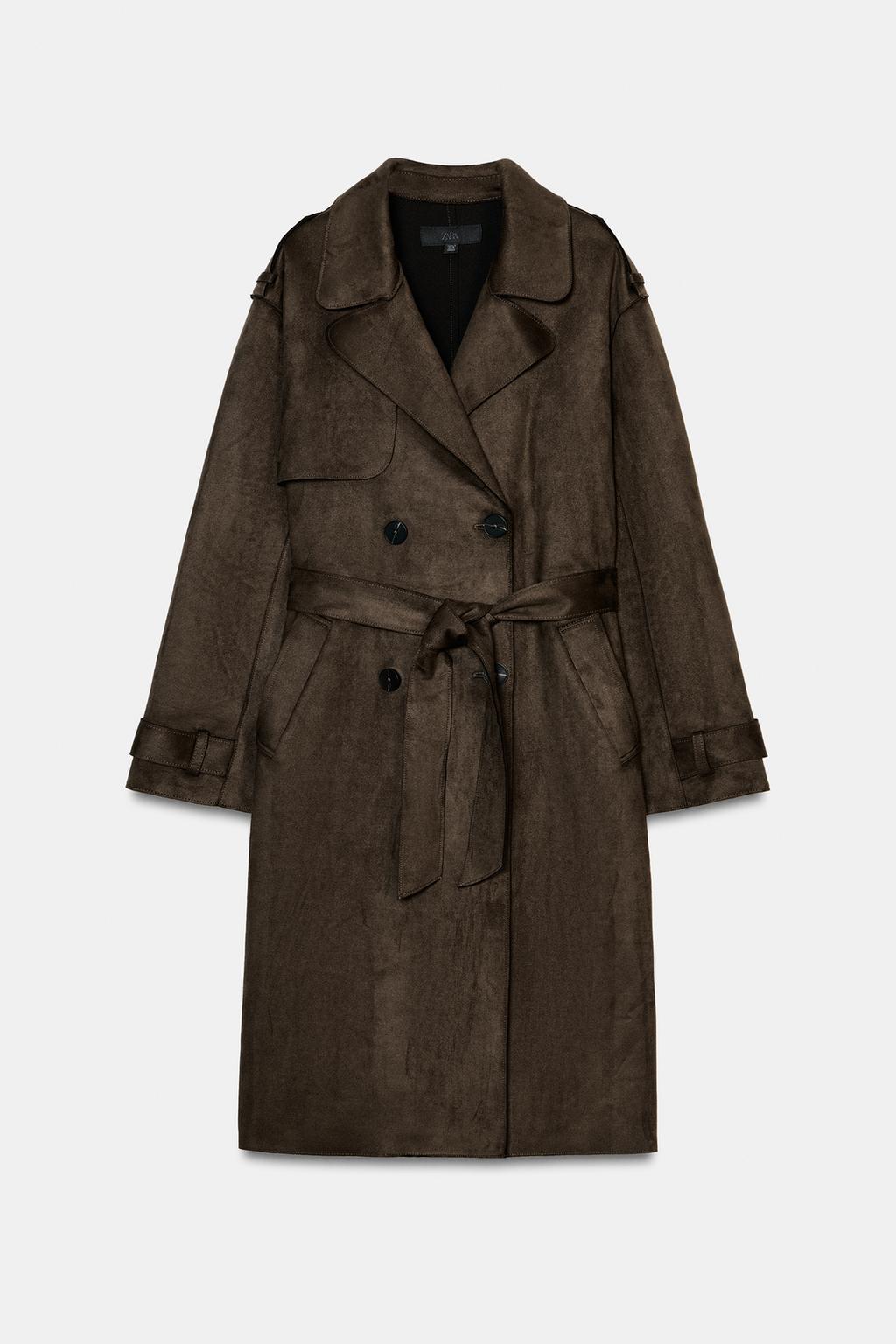 LONG FAUX SUEDE TRENCH COAT WITH BELT