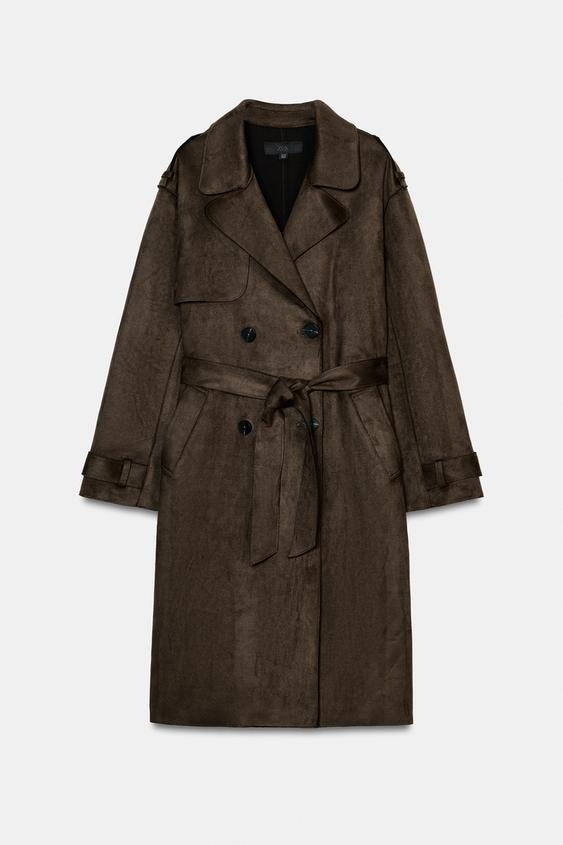 TRENCH LONG EFFET DAIM À CEINTURE - Kaki clair de Zara - Image 0
