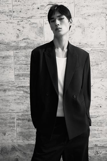 Zara 條紋西裝雙排扣西裝外套 - 深海藍色