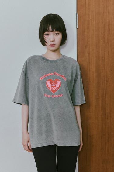 ユーズド加工プリントTシャツカーボングレーZaraのユーズド加工プリントTシャツ - カーボングレー