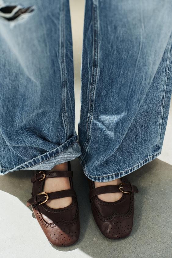 LEATHER BALLET FLATS - Brown by Zara - Image 1