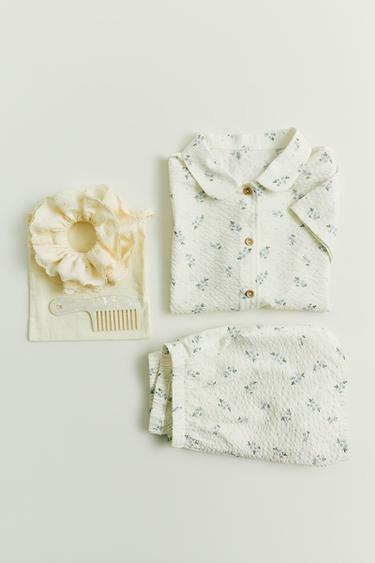 Zara 6-14 YEARS/FLORAL SEERSUCKER SHIRT AND BERMUDA PAJAMAS - Ecru
