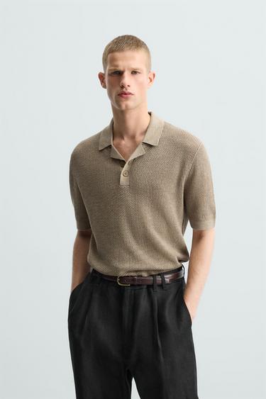 Zara TEXTURED KNIT POLO SHIRT - Beige