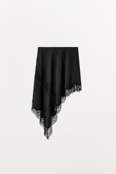 JUPE SATINÉE ASYMÉTRIQUE DENTELLE - Noir de Zara - Image 4
