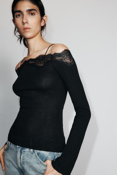 Zara 露肩拼接T恤 - 黑色