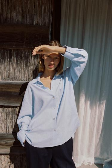 CAMISA OVERSIZE COM LINHO - Azul-claro da Zara