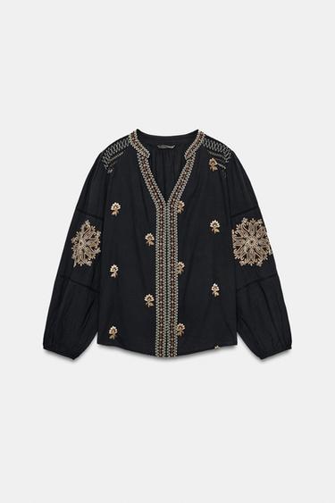 Zara EMBROIDERED FLORAL SHIRT - Black - Image 0