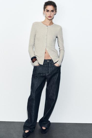BUTTONED RIBBED T-SHIRT - Beige marl by Zara