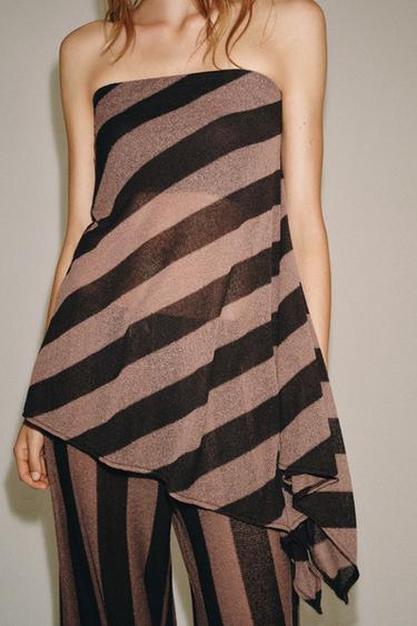 Zara STRIPED RUSTIC BANDEAU TOP - Brown
