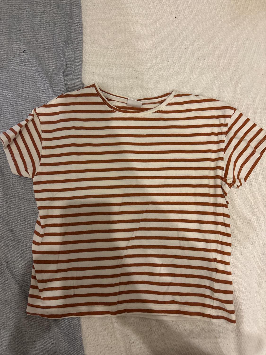 Brown and white horizontal striped T-shirt on a grey and white fabric surface.