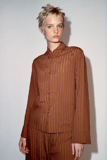 Zara ZW COLLECTION STRIPED FROG FASTENING SHIRT - Burnt orange