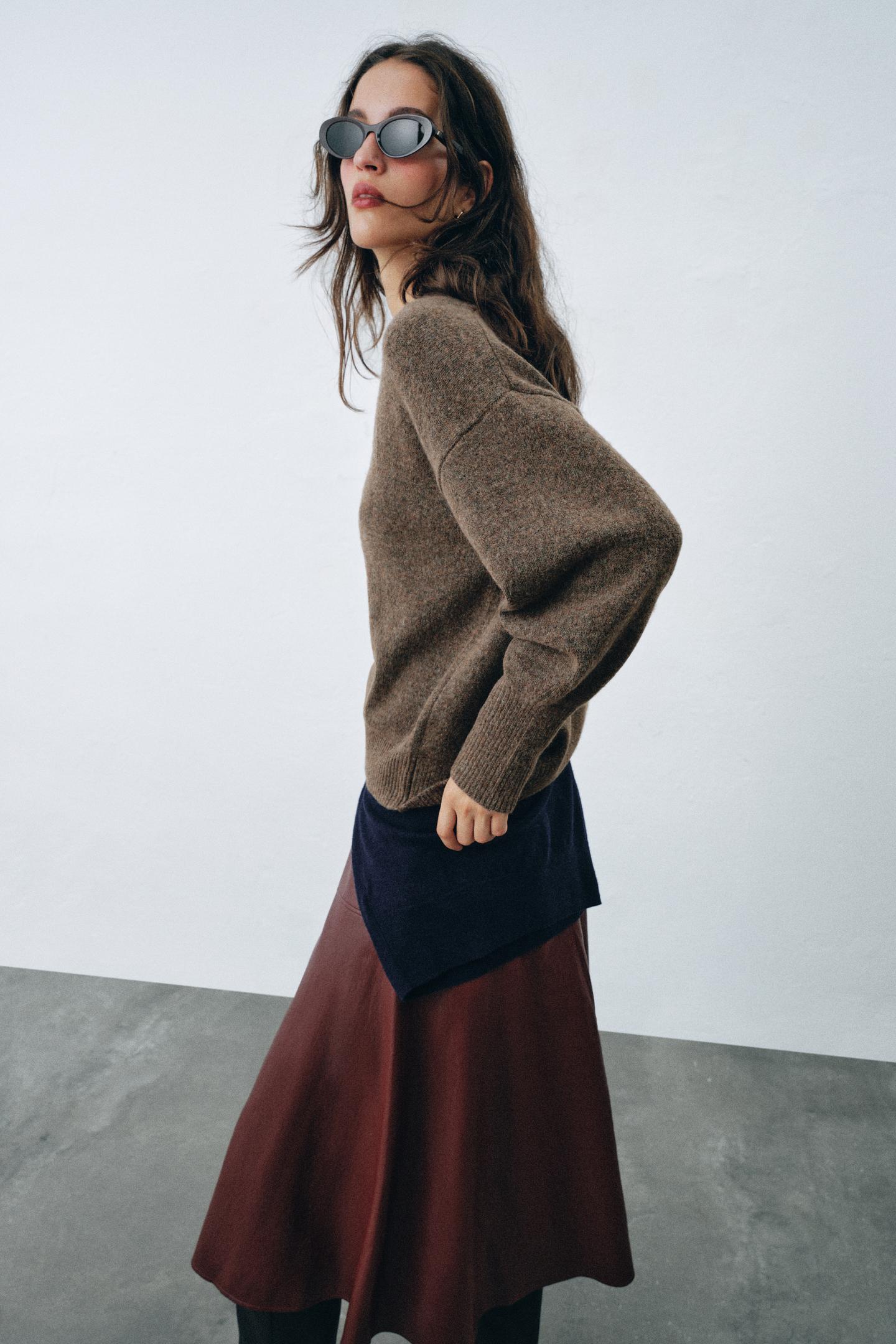 Женский свитер Zara Double-Look Wool, цвет: Норковый — фото 5