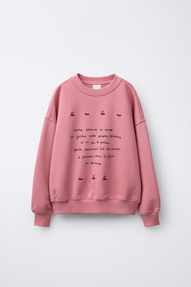 SWEATSHIRT WITH SLOGAN AND FLORAL EMBROIDERY - Pink by Zara