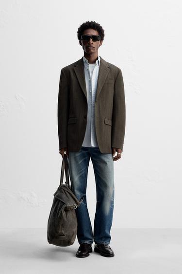STRIPED TEXTURED BLAZER - Brown / Green by Zara - Image 0